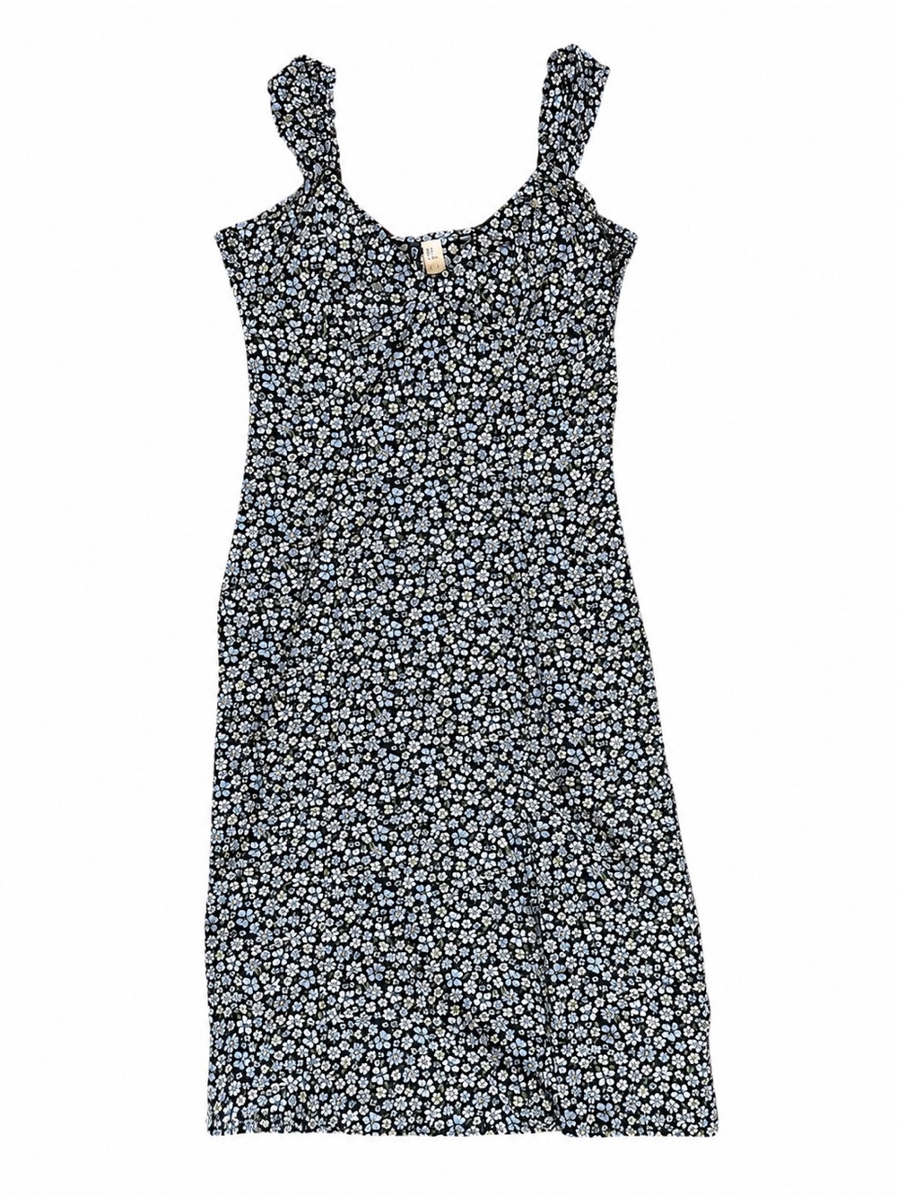 Divided Black Floral Midi Dress with White and Light Blue Flowers